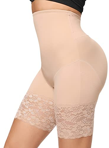 Joyshaper Damen Shapewear mit Bein Bauchweg Unterhose Hoch Taille Miederhose Body Shaper Butt Lifter Panties Unterwäsche, Beige-Lace, L