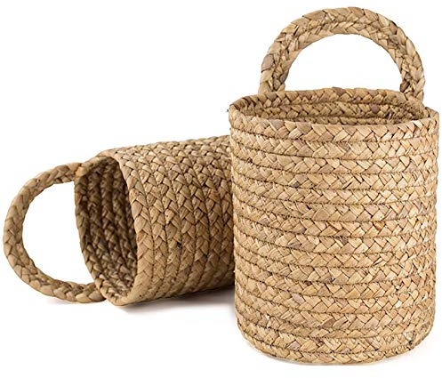 YHNHT Lot de 2 paniers Suspendus tissés en jonc de mer, 16,3 x 18,8 cm, en Jacinthe d'eau, à Suspendre au Mur, en Jute, pour Fleurs, Plantes, vêtements