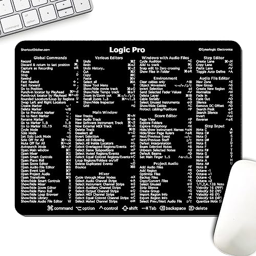 SYNERLOGIC Logic Pro Keyboard Shortcut Reference Guide Mousepad - Black - Premium Laminated Non-Slip Rubber