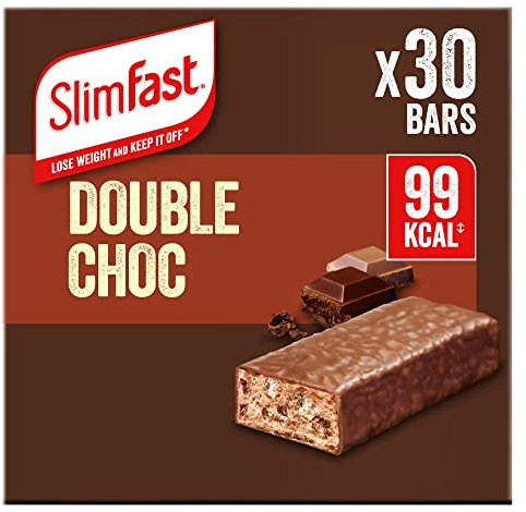 SlimFast Snack Bar, Low-Calorie Healthy Snacks For Adults, Chocolate & Protein Bars Alternative, Part of Balanced Diet, Weight Loss and Management Plan, Double Choc Flavour, Multipack, 30 x 26 g