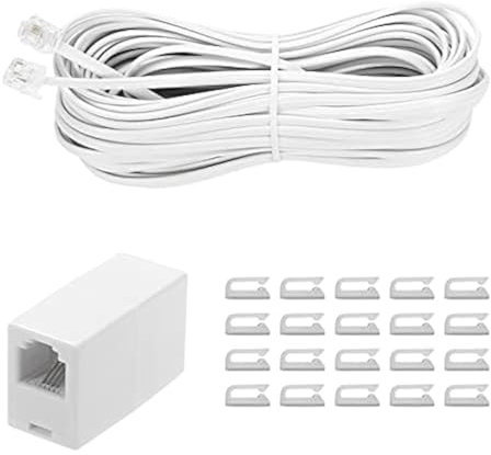 Seefeful 50 Feet Long Telephone Extension Cord Phone Cable Line Wire, with Standard RJ11 Plug and 1 in-Line Couplers and 45Cable Clip Holders-White (50 Feet)