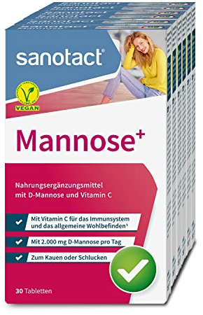 sanotact Mannose (180 Tabletten) • 2.000 mg D-Mannose pro Tagesdosis • D Mannose hochdosiert mit Vitamin C • 100% Vegan, laborgeprüft und ohne Zusätze • Made in Germany