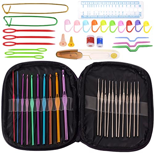 Retoo 22 Stück Häkelnadel Häkelhaken Set Ergonomische Aluminium mit Tragbaren Tasche Häkelset Stricken für Kinder ab 8 Jahren und Erwachsene Schwarz