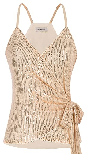 GRACE KARIN Damen Pailletten Tops Glitzer V-Auschnitt Oberteile Sparkle Party Weste Ärmellos Tunika Weste Sequin Tank Top, Farbe: Champagne auf Pailletten, Size L