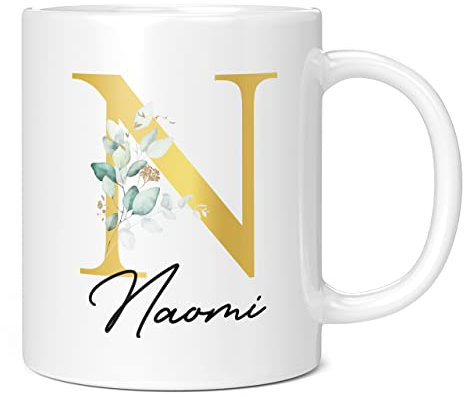 Personalised Letter N Floral Mug Initial with Name, Customised Gift, Gold Effect Printed Letter, NOT Metallic - Ceramic Coffee Cup for Men or Women, Extra Large and Giant Mug, 11oz White Mug