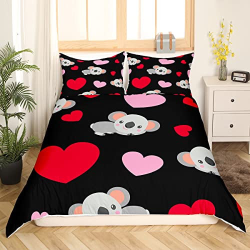 Kinder Tier Bettwäsche 155 x 220 Niedliche Koala Bettwäsche Set für Kinder Rosa Herzen Dekor Bettbezug Roter Liebesdruck Auf Schwarz Bettwäsche Set Weiche Mikrofaser Bettbezug mit 2 Kissenbezüge