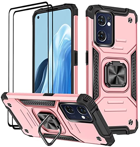 KANSi Funda para OPPO Find X5 Lite, Cristal Vidrio Templado [2 Piezas] Capa Anillo iman Soporte Hard PC y Silicona TPU Antigolpes Armor Carcasa - Oro Rosa