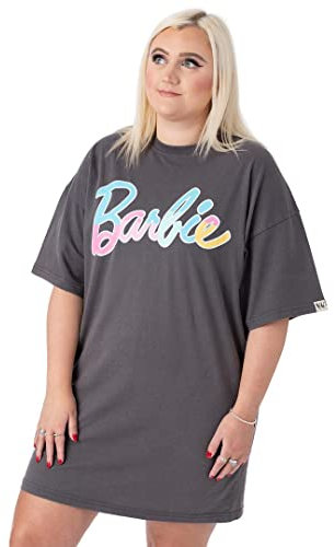 Barbie Oversized T-Shirt Kleid Damen Damen | Erwachsene Pastell Regenbogen Logo Kurzarm Outfit | Anthrazitgraue Geschenke