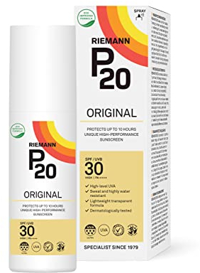 RIEMANN P20 Original SPF30 Spray 100 ml Protection solaire avancée haute performance triple protection + résistance à la sueur, durable protège jusqu'à 10 heures, très résistant à l'eau, haute