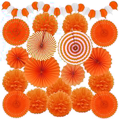 Recosis Orange Party Dekoration, Papier Pompoms Aufhängen Fächer Girlande für Fiesta Party Dekoration Halloween-Atmosphäre Hintergrund Party Hochzeit Geburtstag Festival