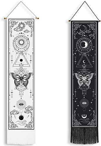 Newwiee 2 Stück schwarz und weiß, vertikaler Wandteppich, Sonne und Mond, Motte, Vintage-Wandteppich, ästhetischer hängender Gothic-Hexen-Wandteppich für Halloween, Wohnzimmer und Schlafzimmer,