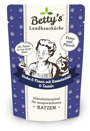 Betty's Landhausküche Frischebeutel Pouches Nassfutter Katze, Huhn & Fasan mit Borretschöl 100 g, getreidefrei, Beste Qualität, hochwertiges Fleisch, schonend gegart, hohe Bioverfügbarkeit