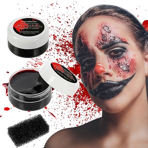 Aomig Sangre Falsa Halloween, 3pcs Fake Blood Lavable y Realista con Esponja, Sangre Artificial para Maquillaje Halloween Profesional, Pintura Sangre Halloween para Zombie Vampiro Herida Maquillaje