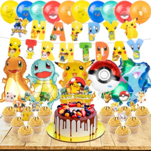 55Pcs Kinder Geburtstagsdeko, Kinder Geburtstag Party Set, Tortendeko Cake Topper Set, Anime Party Deko Geburtstag, Kindergeburtstag Party Zubehör Ballons, Birthday Decorations Set