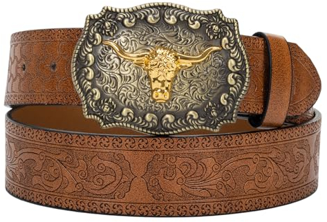Eohak Western-Ledergürtel mit Cowboy-Schnalle für Herren und Damen, Jeans, gravierter Floraler Longhorn Bull Texas-Schnallengürtel (33–41 Zoll Taille) (Braun, Für 91–104 cm Taille)