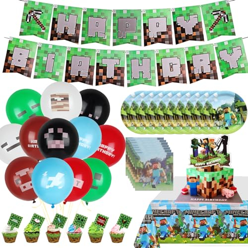Miner Game Lot de 105 décorations d'anniversaire pour enfants, avec ballons, décoration de gâteau, bannière, assiettes en carton, serviettes
