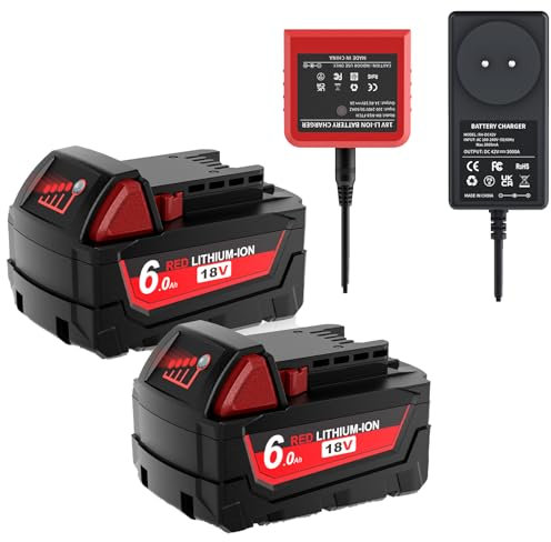 2X 18V 6,0Ah Batterie de Remplacement pour Milwaukee + 4A Chargeur Compatible avec Milwaukee M18 M18B 48-11-1840 48-11-1828 48-11-1820 48-11-1815 48-11-1850