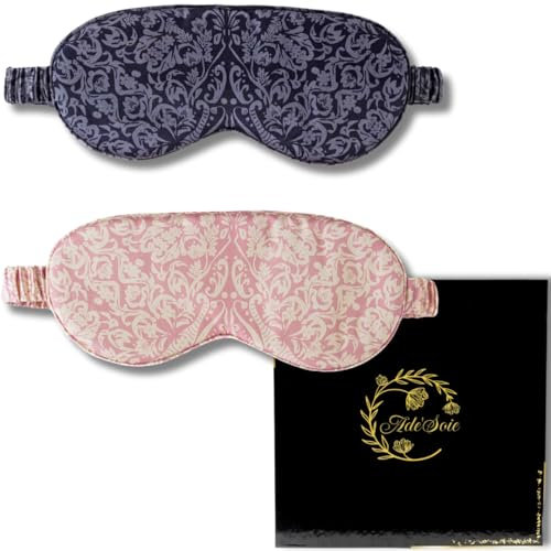 Ade'Soie Masque de sommeil soie de mûrier 22 Momme grade 6A, Lot de 2 en coffret cadeau, Masque de nuit soie bio pour femme et homme à imprimé vintage noir et rose, Hypoallergénique