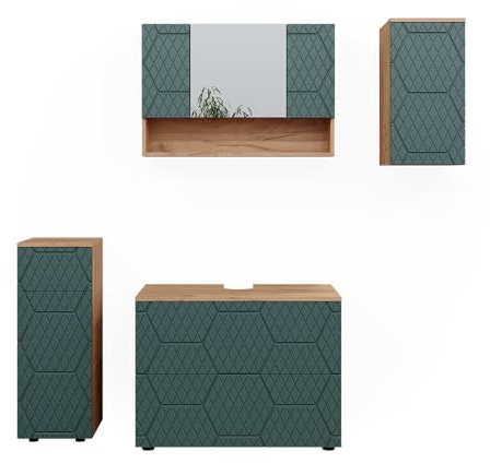 Vicco Badmöbel-Set Irma, Grün/Goldkraft Eiche, 80 cm | besteht aus Waschbeckenunterschrank, Spiegelschrank, Midischrank und Hängeschrank