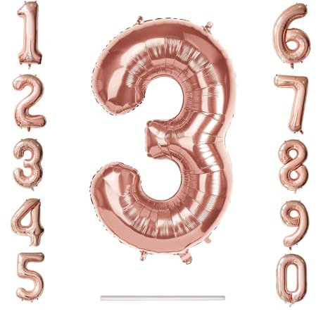 0-9 Giant Rose Gold 32/80cm Self Inflate Or Helium Staw Inc Happy Birthday Balloon Numbers Mylar Foil Kids Party Large Decoration Age 1 2 3 4 5 6 7 8 9 0 (Number 3)
