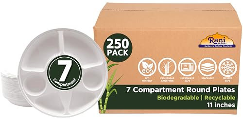 Rani 7 Compartment Round Biodegradable Divided Plates, Pack of 250 ~ Party, Thali, Buffet | Disposable & Eco-Friendly | Heavy-Duty Sturdy Paper Bagasse | Premium Quality | 11 Diameter, 1.38 Height