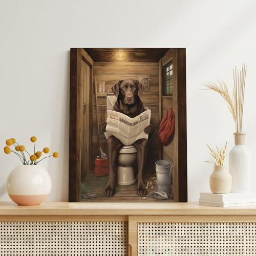 Fchen art Labrador-Wandkunst, lustiger Hund, Badezimmer, Wanddekoration, Café, Club, Höhle, rustikales Holz, Vintage-Badezimmer-Dekor, Hund, Zeitung, Toilettenpapier, Vintage-Poster, Heimkunst,