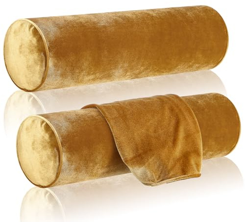 Qinyoung Luxury Velvet Round Pillowcase 17 Inches - Cervical Neck Roll for House Home Decor - Cylindrical Bolster Cushion (Gold, 2 Pcs)
