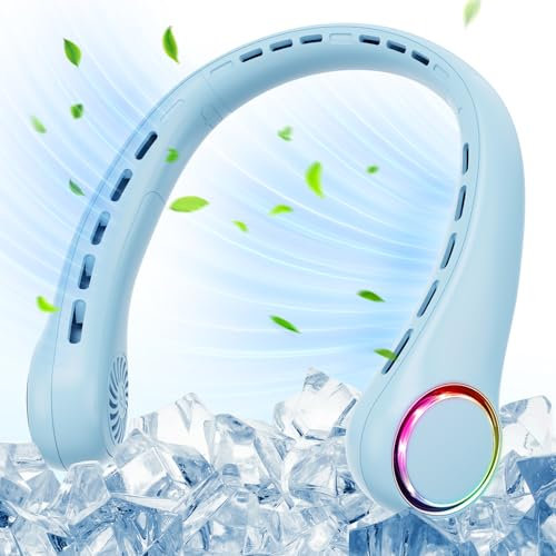Ultralent Ventilateur de cou 4000 mAh USB Mini silencieux 3 vitesses Lumière LED portable pour l'extérieur, l'intérieur, le camping, les voyages, Bleu sport