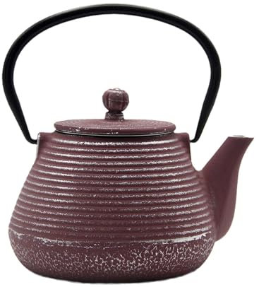 SECHUDO Cast Iron Teapot, 20.3oz Small Pink Pinstripe Pattern, Stainless Steel Infuser for Loose Tea, Enameled Interior, Stovetop Safe