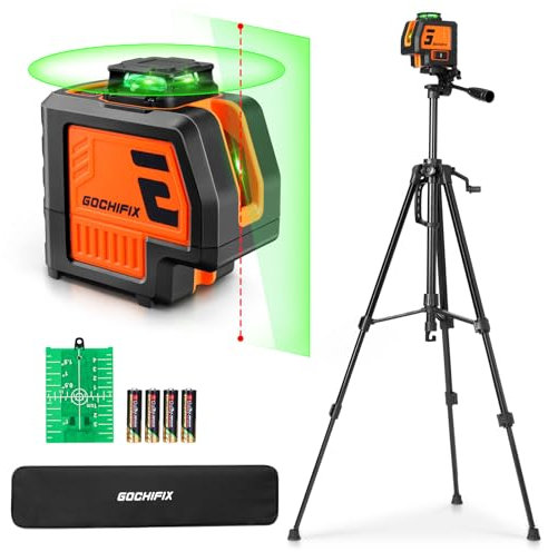 GOCHIFIX 5 Linien Laser Wasserwaage mit Stativ 2 Lotpünktchen Selbstnivellierender Laser mit horizontalen und vertikalen Linien für Innenbereich Baustelle Inklusive Zieltafel, Batterie, Tragetasche
