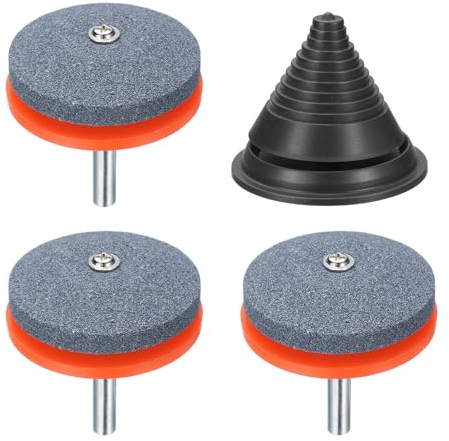 sourcing map Lawn Mower Blade Sharpener, 3pcs Rotary Corundum Mower Blade Grinder Stone with Plastic Backing and Black Blade Balancer for Power Drill Hand Drill Garden Tool, Orange