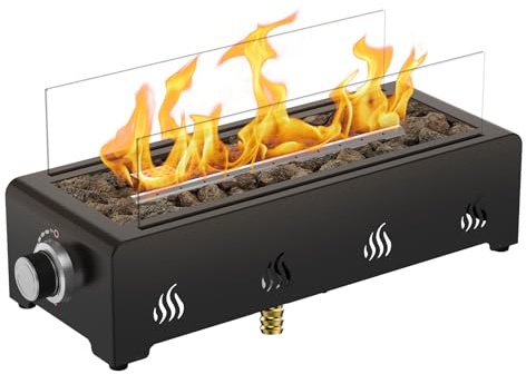 Onlyfire 18 Inch Tabletop Gas Fire Pit, Portable Patio Heater with Lava Rocks & Glass Wind Guard for Patio Backyard Outdoor Restaurant, Bottom Mounted