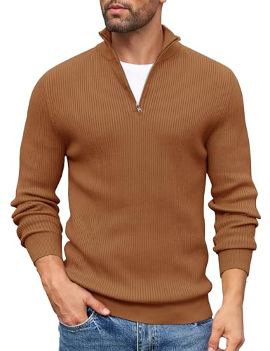 COOFANDY Mens Quarter Zip Jumpers Half Zip Jumper Sweaters for Men Polo Neck Jumpers Golf Jumper Casual Winter Sweater Turtle Neck Tops Light Brown L