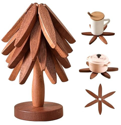 Lot de 3 coussins d'isolation thermique en bois créatif avec support de rangement, dessous de plat en forme d'arbre pour plats chauds, décoration de cuisine parfaite et protection anti-brûlure – 3