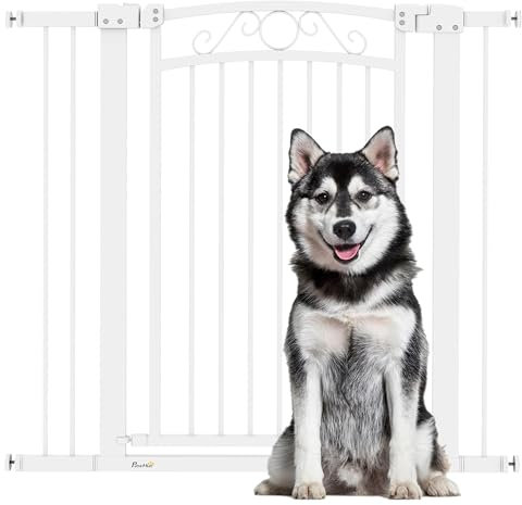 PawHut Barrera de Seguridad para Perros 76-104 cm Con 2 Extensiones 7/14 cm y Doble Bloqueo para Escaleras y Puertas Blanco