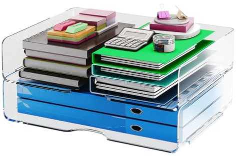 2 Bandejas apilables Transparentes, XingyLi 2 Nivel A4 Acrílico Pet Archivador Bandejas Soporte Archivo Estante, Organizador de Documentos de sobremesa para Libros, revistas, Recibos y Material