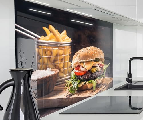 timalo Spritzschutz Wand für Herd, Küche Küchenrückwand Glasoptik | Acryl Glas 2mm | Glasrückwand Acrylglas Wandpaneele Rückwandschutz Platte | 160x50cm Hamburger, Burger