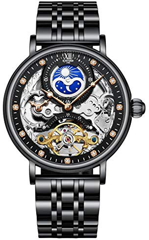 HFWXYSA Mode Edelstahl Automatische Mechanische Armbanduhr Luxus Diamant Tourbillon Skeleton Uhren Für Männer,Schwarz