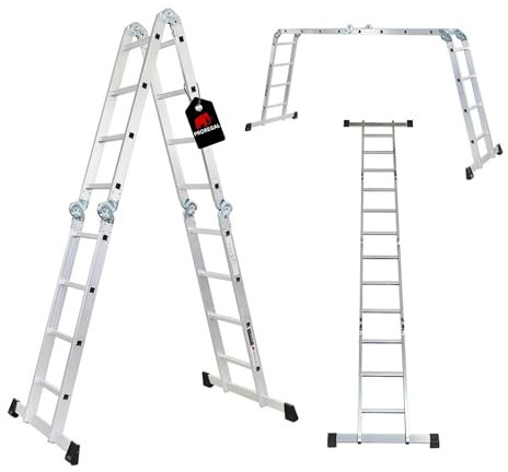 PROREGAL Sprossen-Mehrzweckleiter MULTISTEP geprüft nach EN 131-Standard, Gerüstplattform 4-teilig Aluminium 4x4 Sprossen 4,6 m Höhe Traglast 150k g Arbeitsgerüst Stehleiter Anlegeleiter