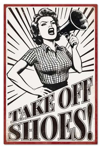 GLOBLELAND Take Off Shoes! Tin Sign Speaker Ladies Metal Tin Sign Vintage Metal Tin Sign 12×8inch Funny Wall Decor Tin Signs for Home Farm Bar Coffee Shop Club Decoration