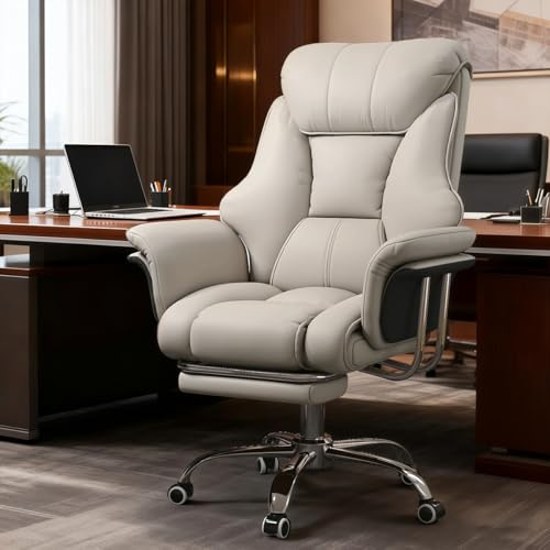 XUEGW Office Chair with Foot Rest and Waist Lumber Support, Ergonomic Gaming Chair with Adjustable Height Headrest, High-Back PU Leather Reclining Chair for Home Office (White)