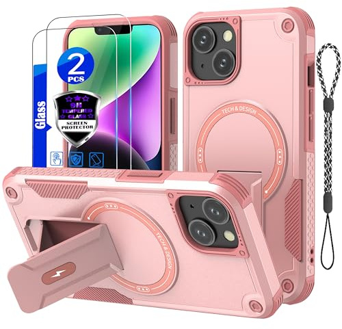 for iPhone 13 Case/iPhone 14 case[Compatible with MagSafe][with 2*9H Tempered Glass Screen Protector], Built in Invisible Stand, Not fading，Shockproof Protective Phone Cover 6.1-inch(Pink)