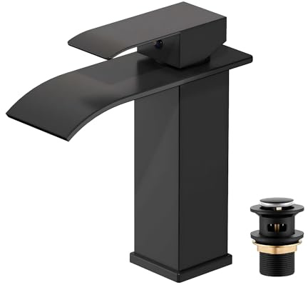 Asinse Toilet Tap with Sink Plug, Basin Taps Mixer Waterfall Bathroom Sink Tap Mixers, Stainless Steel Bath Faucet with Pop Up Sink Waste, Black
