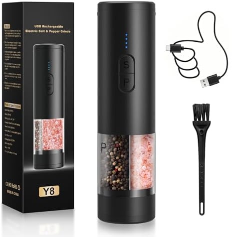 2 in 1 Salz und PfeffermüHle Elektrisch Set,Wiederaufladbare (Schwarz) | Automatische Pfeffermühle, LED-Beleuchtung, Einstellbare Mühle, Großes Fassungsvermögen ideal für Küche und Grill