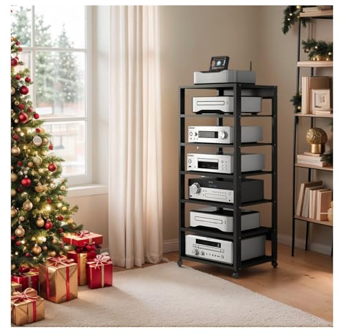 Audio HiFi Regal Rack 7-lagiger HiFi-Audioschrank, CD-Player-Ständer for das Wohnzimmer und Stereo-Rack-Audioturm mit höhenverstellbarem Holzregal for Zuhause/Büro/Theater(Schwarz)