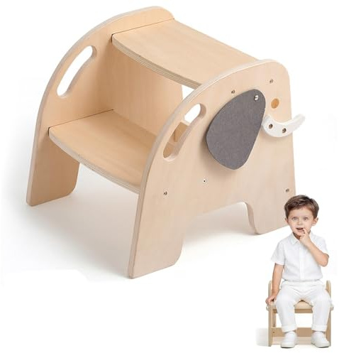 Tritthocker mit 2 Stufen für Kinder, Holz-Trittstuhl, 80 kg Tragkraft, mit Rutschfester Trittfläche, Niedlich Elefant Kindertreppchen Schemel für Bad, Küche, Kinderzimmer, Toilettenhocker