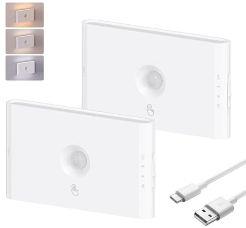 2 Stück LED Nachtlicht mit Bewegungsmelder, Treppenbeleuchtung, Nachtlampe mit 3 Modi (Auto/ON/Off), USB Wiederaufladbares, Magnetische Schrankleuchte, für Flur, Kinderzimmer, Treppen, Gang, Küche