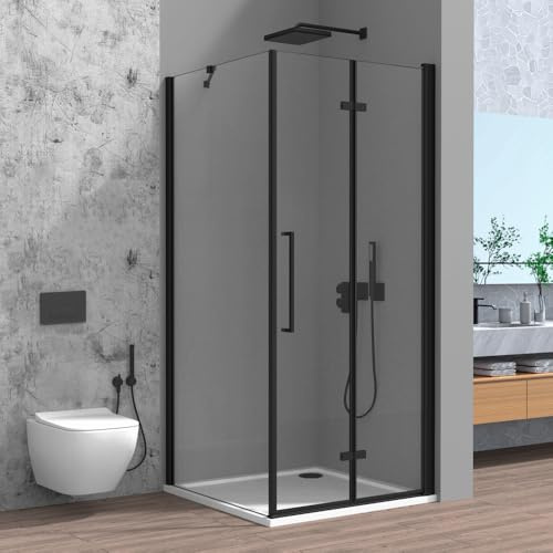 Box Doccia Angolare 80x100 E H 195 Cm Con Porta A Soffietto E Lato Fisso In Vetro Temperato Trasparente E Profili Nero Opaco - Linea Neos