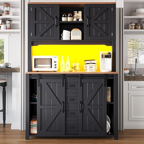 PUGSDRLY Armoire de Cuisine, Armoire Haute, Vitrine LED avec 4 tiroirs, Porte Coulissante, Cloison Réglable, Rangement Intelligent (Noir-A, 115 × 40 × 175 cm)