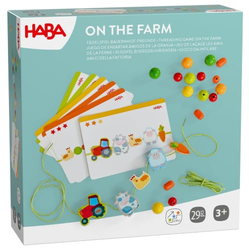 HABA Jeu d'enfilage HABA Amis de la Ferme Dès 3 Ans | Avec 16 perles en bois, 5 figurines et 6 cartes modèles colorées